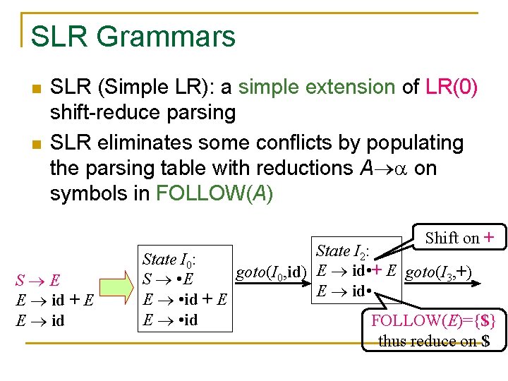 SLR Grammars n n SLR (Simple LR): a simple extension of LR(0) shift-reduce parsing