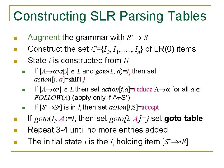 Constructing SLR Parsing Tables Augment the grammar with S’ S Construct the set C={I