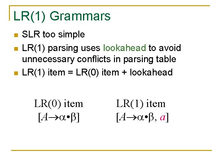 LR(1) Grammars n n n SLR too simple LR(1) parsing uses lookahead to avoid