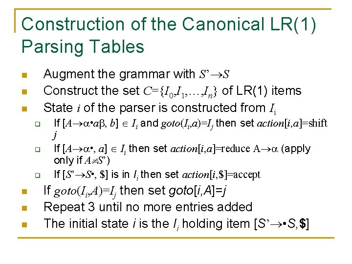 Construction of the Canonical LR(1) Parsing Tables Augment the grammar with S’ S Construct