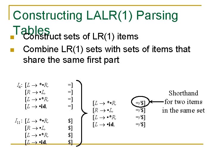 Constructing LALR(1) Parsing Tables n Construct sets of LR(1) items n Combine LR(1) sets
