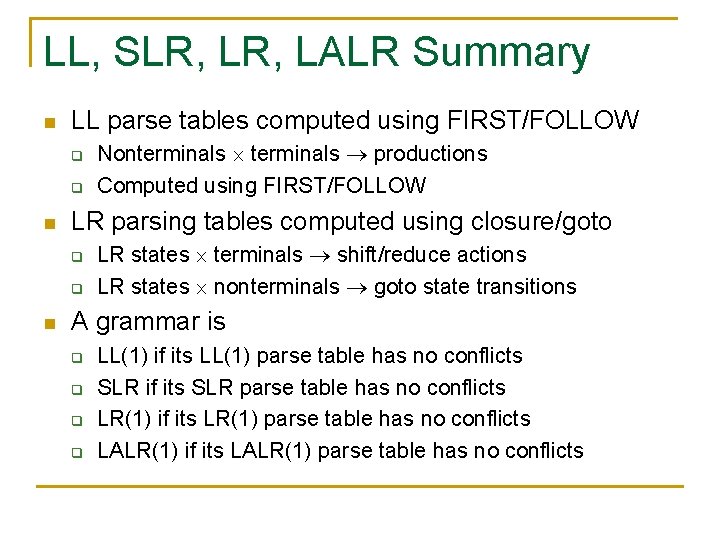 LL, SLR, LALR Summary n LL parse tables computed using FIRST/FOLLOW q q n