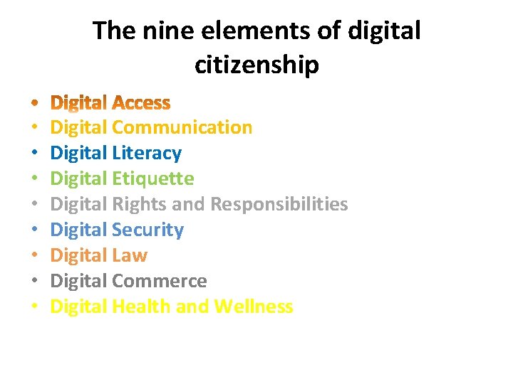 The nine elements of digital citizenship • • Digital Communication Digital Literacy Digital Etiquette