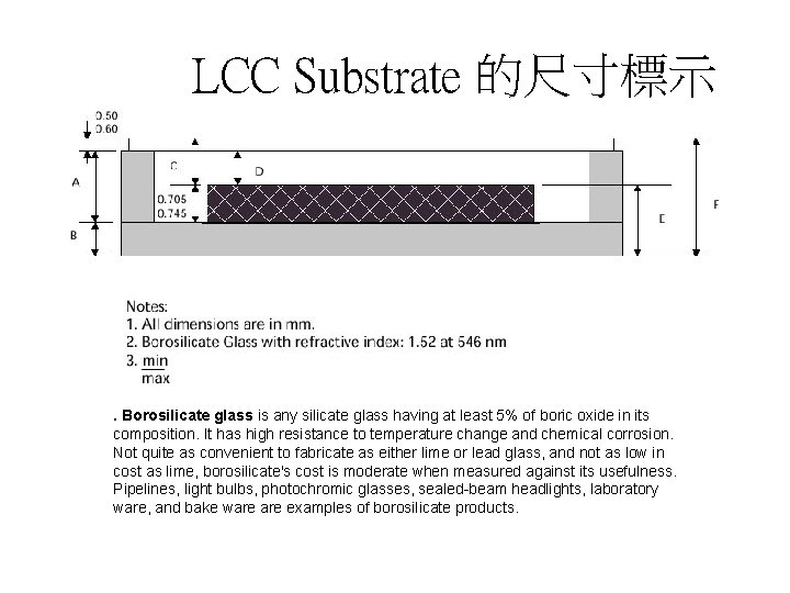 LCC Substrate 的尺寸標示 . Borosilicate glass is any silicate glass having at least 5%