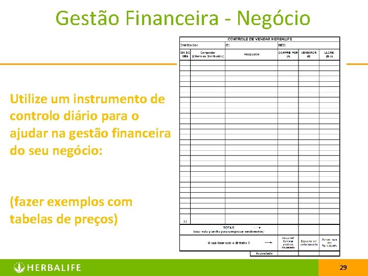 Gestão Financeira - Negócio Utilize um instrumento de controlo diário para o ajudar na