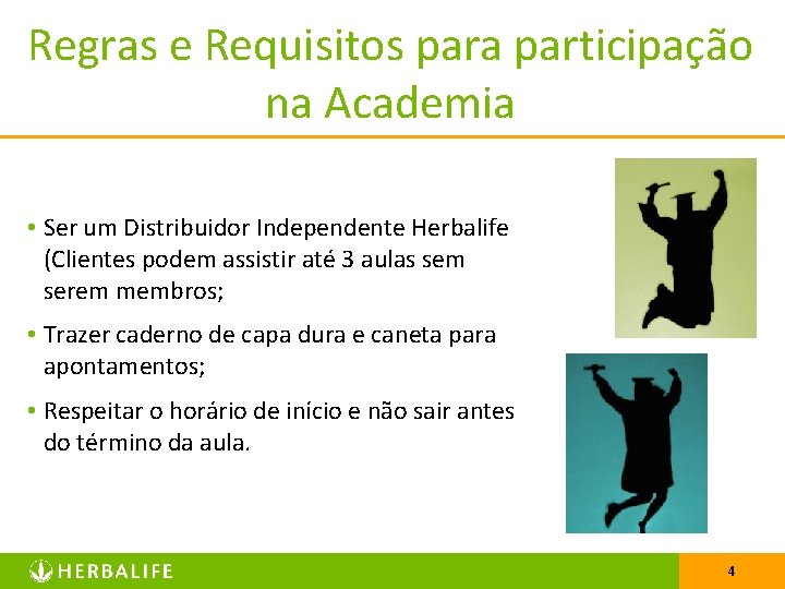 Regras e Requisitos para participação na Academia • Ser um Distribuidor Independente Herbalife (Clientes