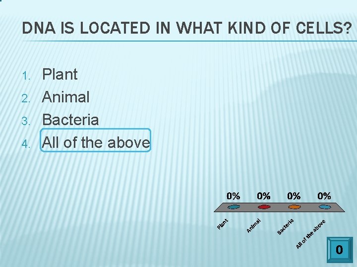 DNA IS LOCATED IN WHAT KIND OF CELLS? 1. 2. 3. 4. Plant Animal