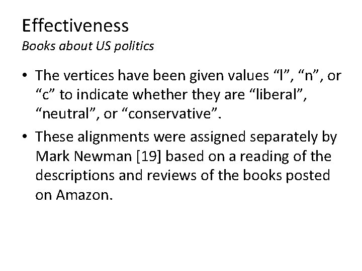 Effectiveness Books about US politics • The vertices have been given values “l”, “n”, Effectiveness Books about US politics • The vertices have been given values “l”, “n”,