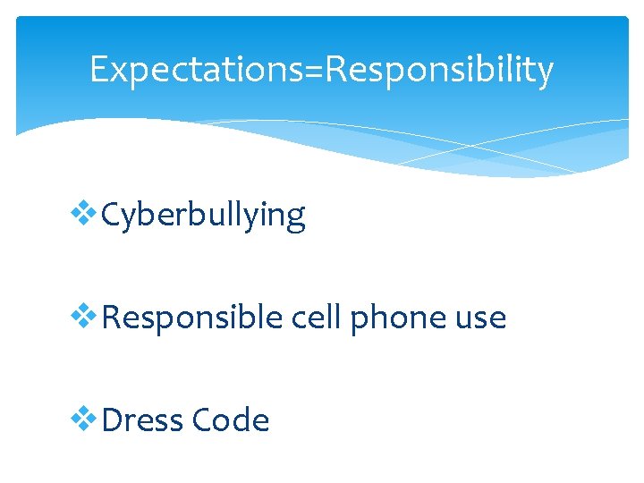 Expectations=Responsibility v. Cyberbullying v. Responsible cell phone use v. Dress Code Expectations=Responsibility v. Cyberbullying v. Responsible cell phone use v. Dress Code