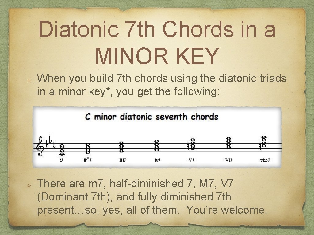 Diatonic 7 th Chords in a MINOR KEY When you build 7 th chords