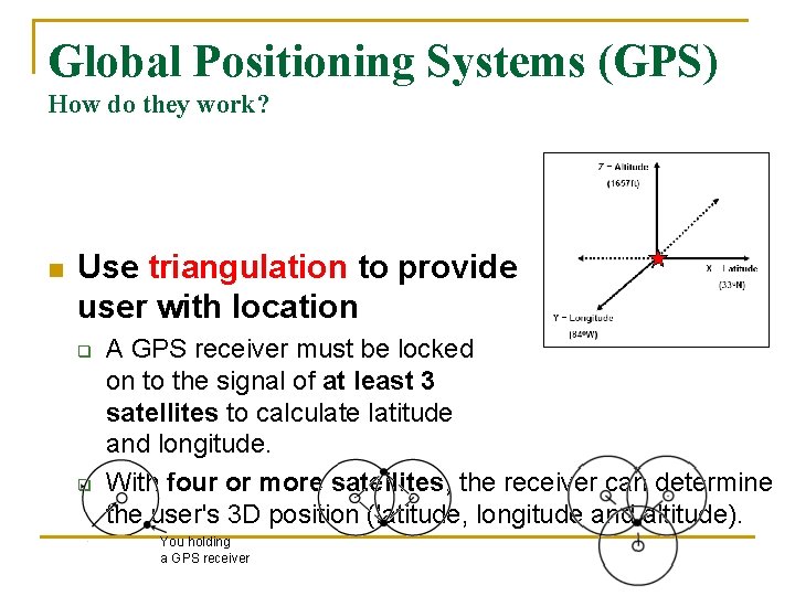 Global Positioning Systems (GPS) How do they work? n Use triangulation to provide user