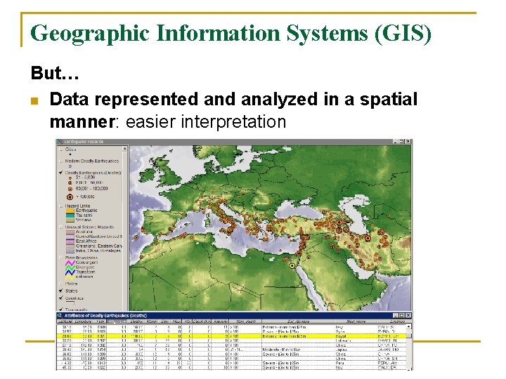 Geographic Information Systems (GIS) But… n Data represented analyzed in a spatial manner: easier