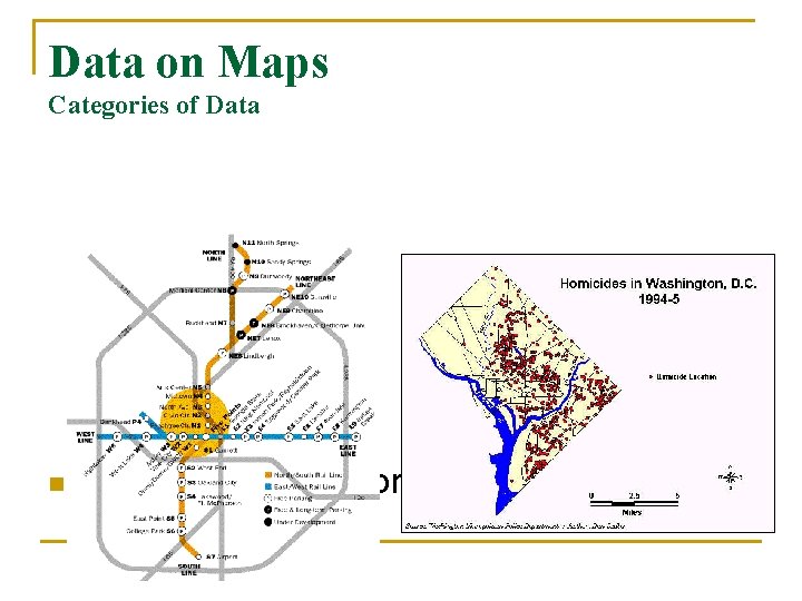 Data on Maps Categories of Data n Location Data: coordinates, addresses n “Where is