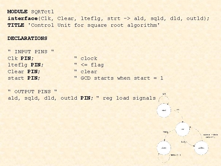 MODULE SQRTctl interface(Clk, Clear, lteflg, strt -> ald, sqld, dld, outld); TITLE 'Control Unit