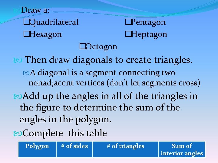  Draw a: � Quadrilateral � Pentagon � Hexagon � Heptagon � Octogon Then