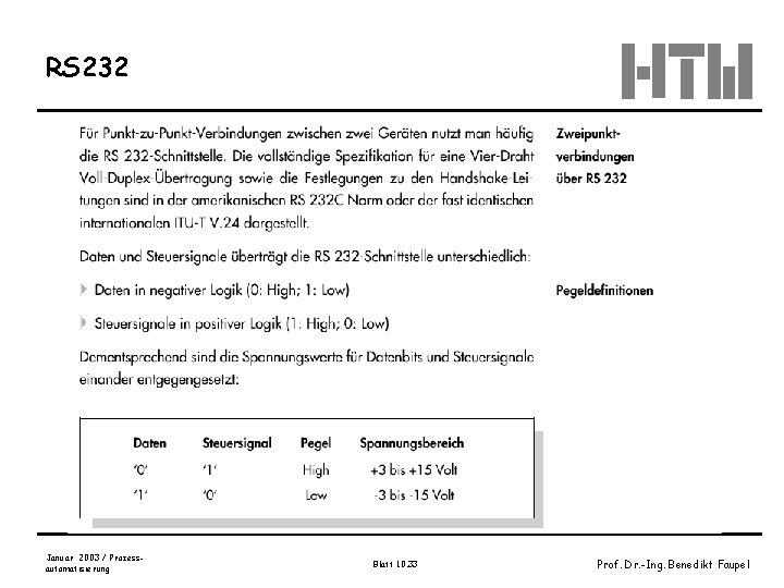 RS 232 Januar 2003 / Prozessautomatisierung Blatt 10. 33 Prof. Dr. -Ing. Benedikt Faupel