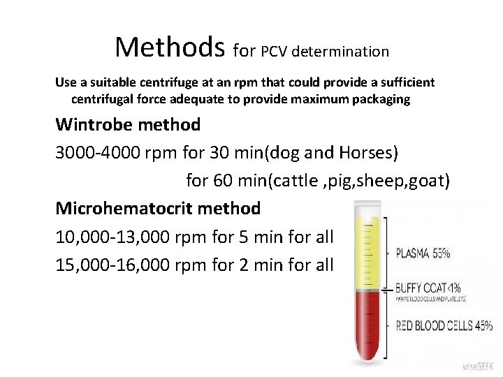 Methods for PCV determination Use a suitable centrifuge at an rpm that could provide