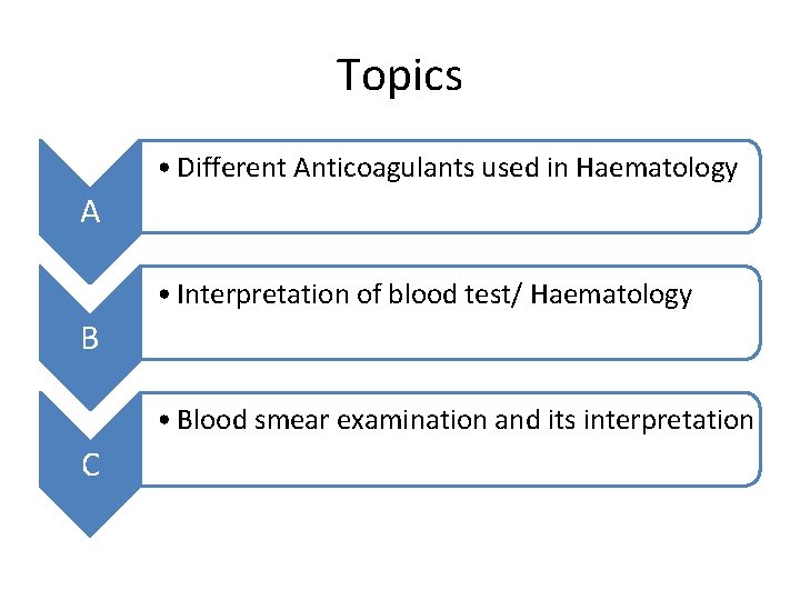 Topics • Different Anticoagulants used in Haematology A • Interpretation of blood test/ Haematology