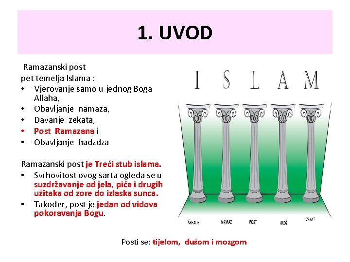 1. UVOD Ramazanski post pet temelja Islama : • Vjerovanje samo u jednog Boga 1. UVOD Ramazanski post pet temelja Islama : • Vjerovanje samo u jednog Boga