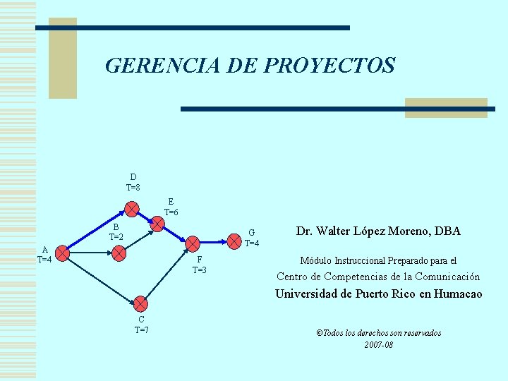 GERENCIA DE PROYECTOS D T=8 E T=6 B T=2 G T=4 A T=4 F