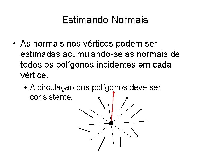 Estimando Normais • As normais nos vértices podem ser estimadas acumulando-se as normais de
