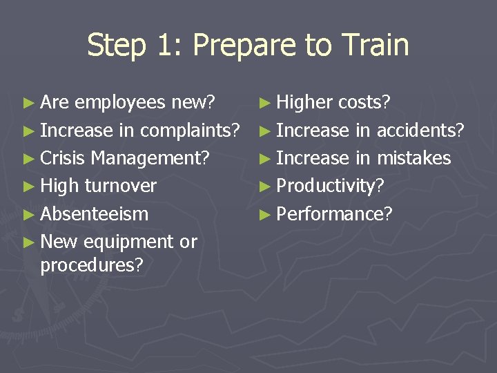 Step 1: Prepare to Train ► Are employees new? ► Increase in complaints? ►