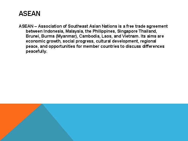 ASEAN – Association of Southeast Asian Nations is a free trade agreement between Indonesia,