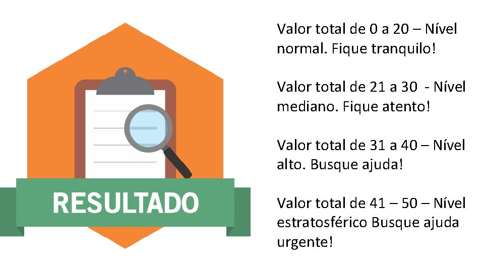 Valor total de 0 a 20 – Nível normal. Fique tranquilo! Valor total de