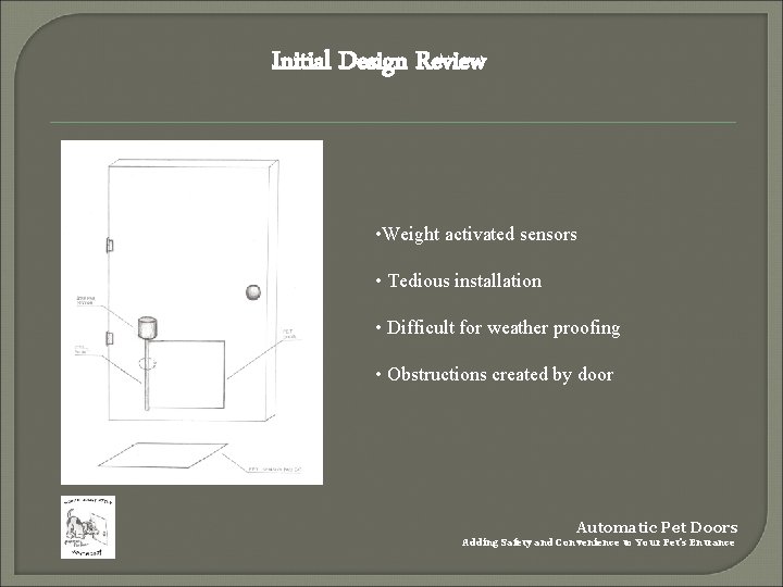 Initial Design Review • Weight activated sensors • Tedious installation • Difficult for weather