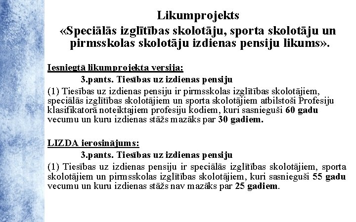 Likumprojekts «Speciālās izglītības skolotāju, sporta skolotāju un pirmsskolas skolotāju izdienas pensiju likums» . Iesniegtā
