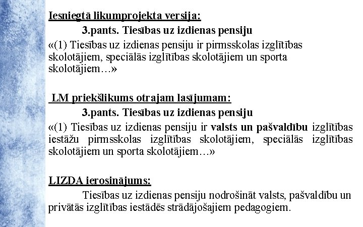 Iesniegtā likumprojekta versija: 3. pants. Tiesības uz izdienas pensiju «(1) Tiesības uz izdienas pensiju