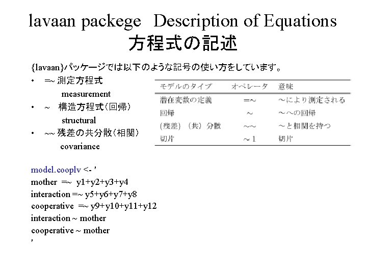 lavaan packege　Description of Equations 方程式の記述　 {lavaan}パッケージでは以下のような記号の使い方をしています。 • =~ 測定方程式 　　　　　measurement • ~ 　構造方程式（回帰） 　　　　　structural