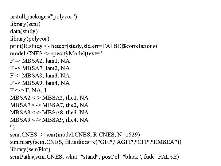 install. packages("polycor") library(sem) data(study) library(polycor) print(R. study <- hetcor(study, std. err=FALSE)$correlations) model. CNES <-