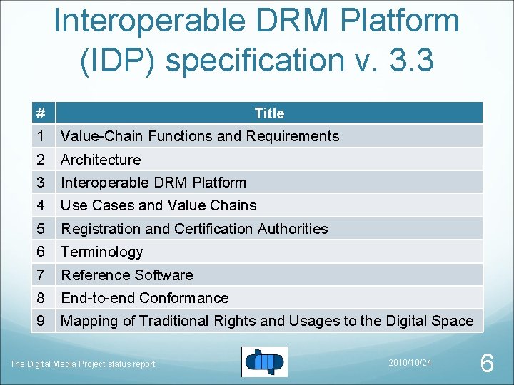 Interoperable DRM Platform (IDP) specification v. 3. 3 # Title 1 Value-Chain Functions and