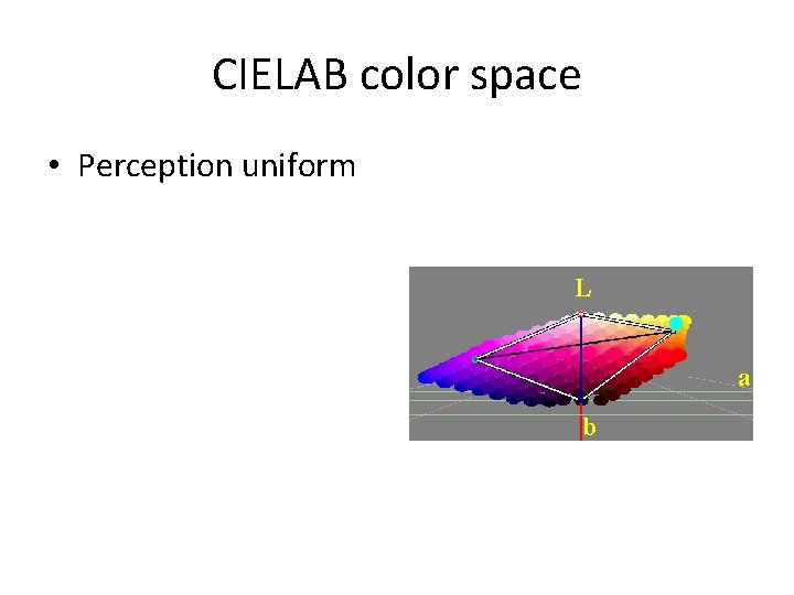CIELAB color space • Perception uniform L a b CIELAB color space • Perception uniform L a b