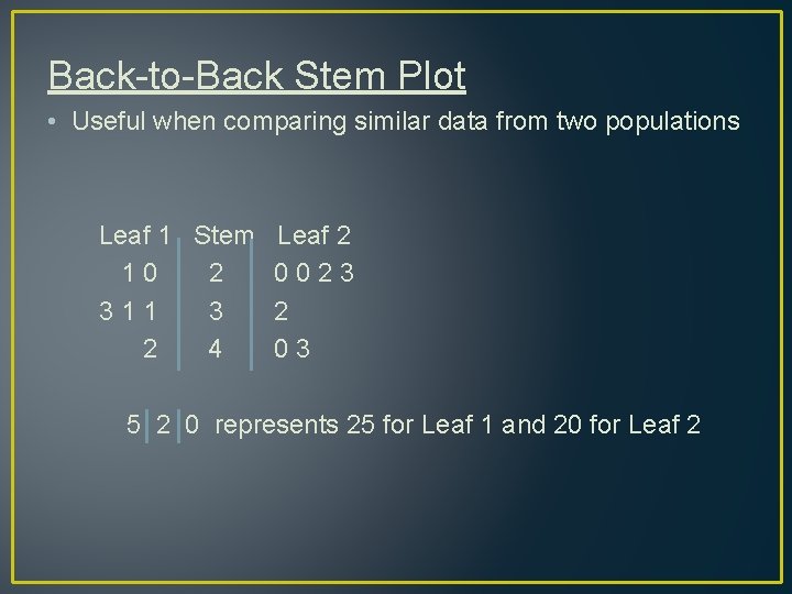 Back-to-Back Stem Plot • Useful when comparing similar data from two populations Leaf 1