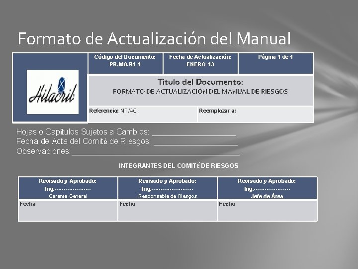 Formato de Actualización del Manual Código del Documento: PR. MA. R 1 -1 Fecha