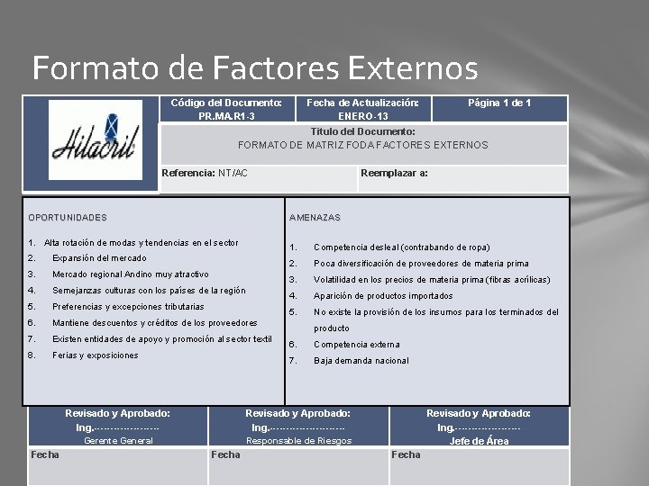 Formato de Factores Externos Código del Documento: PR. MA. R 1 -3 Fecha de