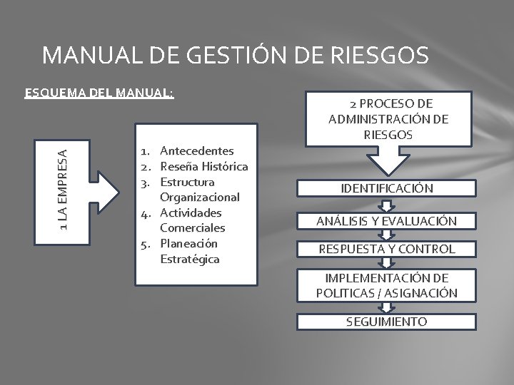 MANUAL DE GESTIÓN DE RIESGOS 1 LA EMPRESA ESQUEMA DEL MANUAL: 1. Antecedentes 2.