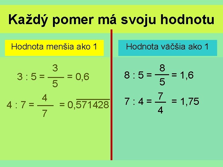 Každý pomer má svoju hodnotu Hodnota menšia ako 1 3 3 : 5 =