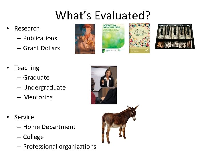 What’s Evaluated? • Research – Publications – Grant Dollars • Teaching – Graduate – What’s Evaluated? • Research – Publications – Grant Dollars • Teaching – Graduate –