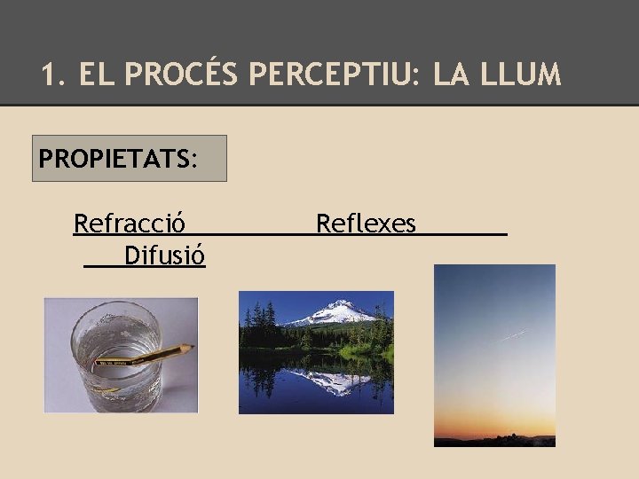 1. EL PROCÉS PERCEPTIU: LA LLUM PROPIETATS: Refracció Difusió Reflexes 