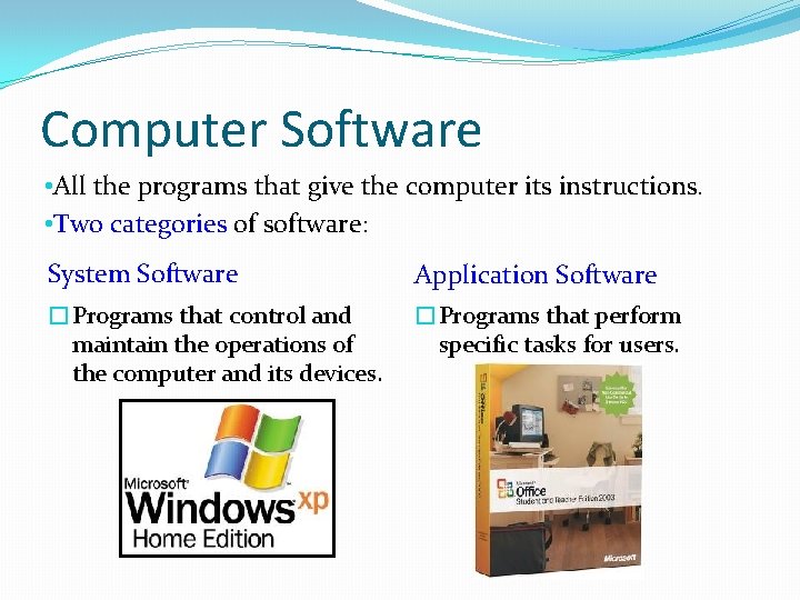 Computer Software • All the programs that give the computer its instructions. • Two