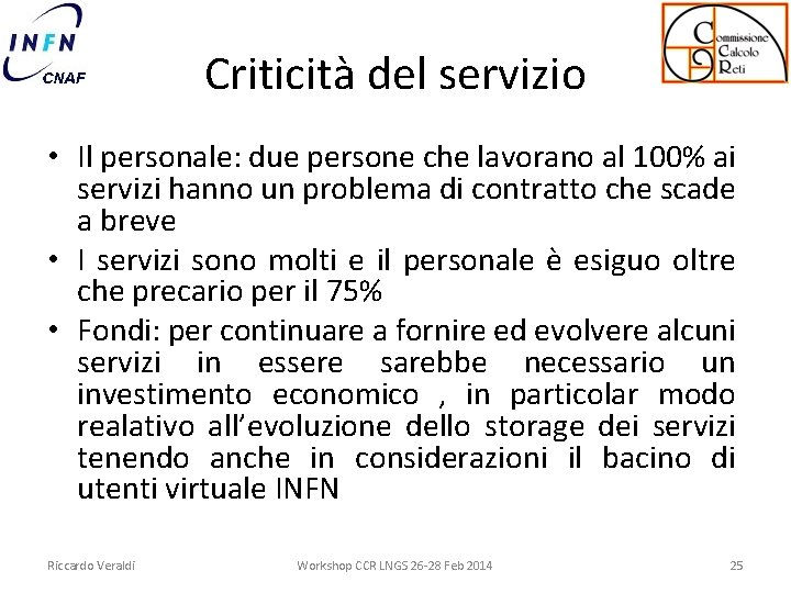 Criticità del servizio • Il personale: due persone che lavorano al 100% ai servizi