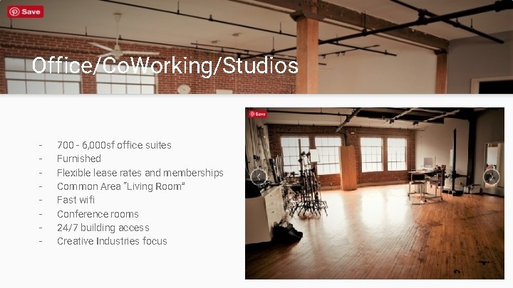 Office/Co. Working/Studios - 700 - 6, 000 sf office suites Furnished Flexible lease rates