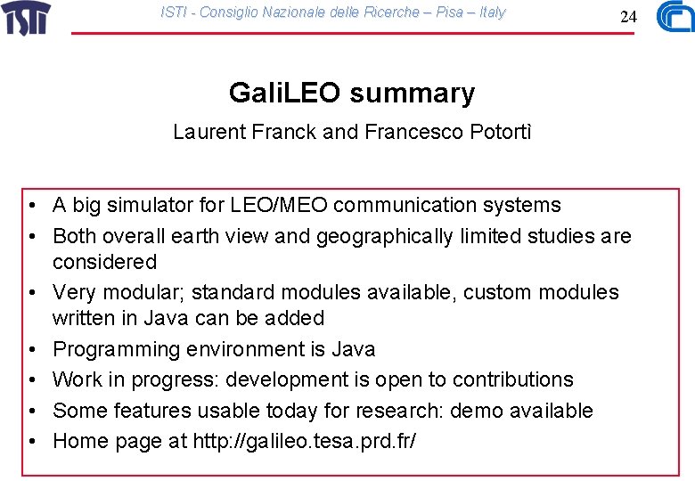ISTI - Consiglio Nazionale delle Ricerche – Pisa – Italy 24 Gali. LEO summary