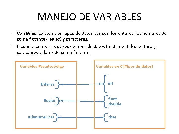 MANEJO DE VARIABLES • Variables: Existen tres tipos de datos básicos; los enteros, los