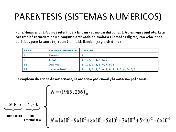 PARENTESIS (SISTEMAS NUMERICOS) Por sistema numérico nos referimos a la forma como un dato