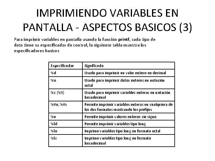IMPRIMIENDO VARIABLES EN PANTALLA - ASPECTOS BASICOS (3) Para imprimir variables en pantalla usando