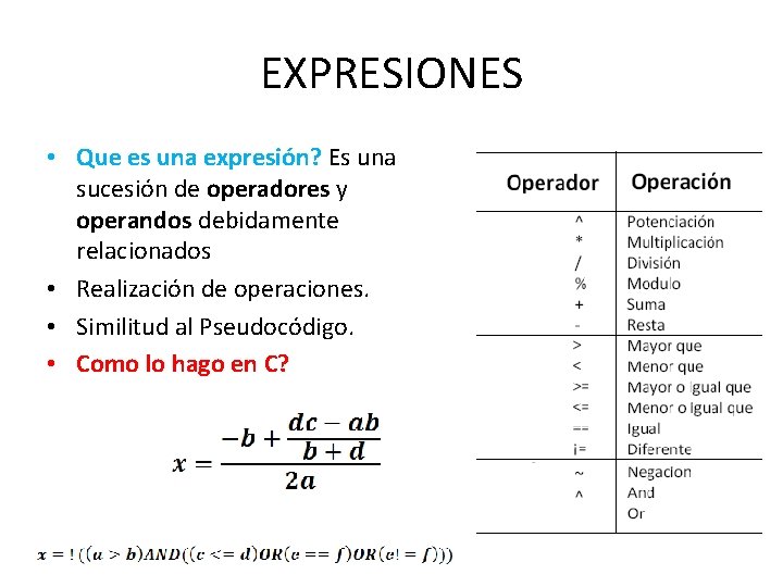 EXPRESIONES • Que es una expresión? Es una sucesión de operadores y operandos debidamente